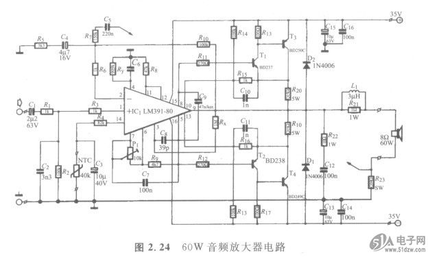 1.用 途 音频信号放大电路。 2.原 理 电路如图2. 24所示。74HC4052D该电路是一种中功率的音频放大电路,特别适合于小型爵士乐队的扩音器。电路由集成音频驱动电路IC,(I_M391-80)和由双极型三极管组成的推挽输出级组成。 NTC电阻通过热传导与推挽输出三极管接触。当三极管温度太高时,在NTC的作用下,I。M391断开推挽输出级的输入,保护输出三极管。当NTC的电流约为200/1A时,IC.的热保护器动作。电解电容器Cl消除干扰信号对NTC影响。 接通R23和C。、R7网络能够实现放大