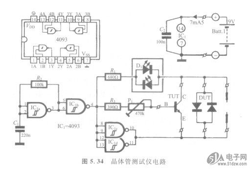 1.用 途 仪器仪表电路。 2.原 理 电路如图5.34所示。74LVC16244ADGG该电路可以用于测试几乎所有的晶体管,包括开关二极管、普通三极管和功率三极管等,可以粗略显示双极性三极管的增益,可用检测成批晶体管的功能故障,短路和内部断路。电路由一片CMOSIC(4093)和一个双色发光二极管组成。二极管起显示作用。IC1门构成一个RC振荡器,振荡信号经过IC,中剩余的3个门缓冲和反相。 发光二极管(红/蓝)显示电流流过探头或被测器件的方向,电阻R.用作限流电阻,IC1。昀输入和输出信号可应用于二