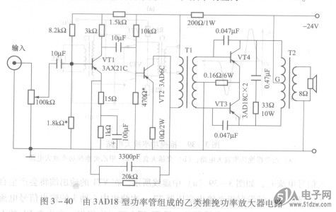 由3ad18型功率管组成的乙类推挽功率放大器电路