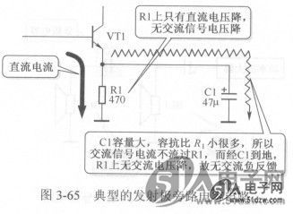 在vt1發射極電阻rl上並聯了一隻容量比較大的旁路電容cl,對所有音頻